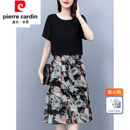 皮爾卡丹（pierre cardin）女裝2022夏天新款闊太太中年年輕女士洋氣假兩件裝雪紡碎花連 0856款 2XL【128-142斤】
