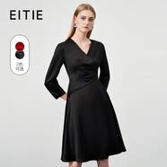愛特愛（EITIE）氣質(zhì)v領(lǐng)收腰a字顯瘦小禮服純色連衣裙秋新款舒適中裙6777404 黑20 S 155