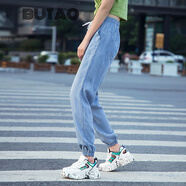 BUTAO 牛仔褲女寬松夏季薄款高腰顯瘦休閑束腳哈倫褲加長女褲 淺藍(lán) 常規(guī) S 適合95斤左右