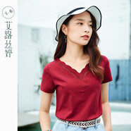 艾路絲婷V領鏤空短袖T恤女夏裝新款韓版修身上衣紅色套頭體恤31266 酒紅 XL