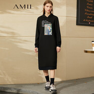 AMII減齡連衣裙女秋冬季新款直筒加絨裙子氣質長款休閑連帽衛(wèi)衣裙 黑色 160/84A/M