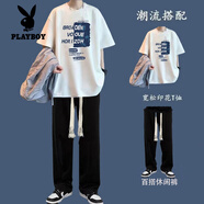 花花公子（PLAYBOY）短袖t恤男士夏季ins潮牌休閑套裝一套搭配直筒長(cháng)褲兩件套男裝學(xué)生 白色+黑褲K102 L