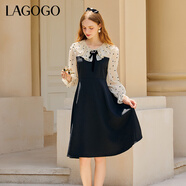 LAGOGO雪紡泡泡袖蝴蝶結連衣裙女拉谷谷娃娃領(lǐng)優(yōu)雅舒適拼接裙子 黑白(WV) S 155/36