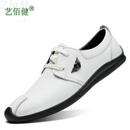 藝佰健休閑皮鞋男士秋季透氣真皮商務(wù)男鞋子百搭一腳蹬軟底豆豆駕車鞋男夏天白色鏤空皮鞋小35大碼47 白色系帶 37