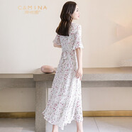 淳咪娜 女裝連衣裙女氣質(zhì)修身顯瘦長(cháng)裙碎花雪紡碎花裙子海灘旅游沙灘裙 3188白底小碎花（短） M 建議92斤以下