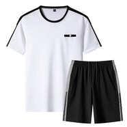 亞當(dāng)彼得品牌純棉運(yùn)動(dòng)套裝男夏季薄款運(yùn)動(dòng)服套裝中老年運(yùn)動(dòng)套裝男士兩件套 202白色（短袖+短褲） XL 建議體重125-140斤