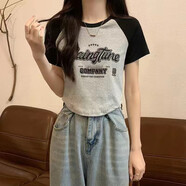 珞妮（LUONI）短袖t恤女2025夏季新款女裝美式復(fù)古顯瘦圓領(lǐng)撞色短款小衫上衣潮 黑色 XL 建議110-125斤