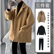 安初夏毛呢夾克外套男士休閑套裝秋冬季保暖時尚穿搭配潮流衣服男裝 2卡其毛呢外套+高領黑毛衣+西褲 3XL【建議160-180斤】