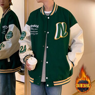 唐號 棒球服外套男美式復古潮牌拼接外套男秋季新款寬松百搭嘻哈夾克 W31綠色【加絨】 3XL