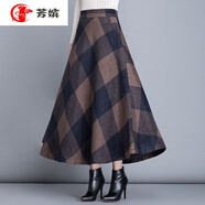 芳嬪 中年人春秋半身裙女秋款毛呢秋冬新款大l碼a字裙高腰加厚大擺中長款 【2509#】咖啡格子裙 M 【建議80-95斤】