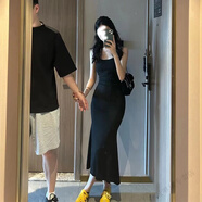 榷杋黑色吊帶時尚洋氣連衣裙夏季魚尾緊身后媽包臀修身針織長裙 黑色吊帶 S 夏天/歐美/氣質/長款/法式