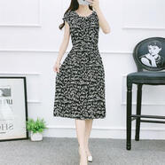 月袖（YUEXIU）短袖碎花棉綢連衣裙女修身顯瘦人造棉大擺裙時(shí)尚外穿中長(cháng)款沙灘裙 黑色字母 長(cháng)款有口袋 2XL 125-132斤