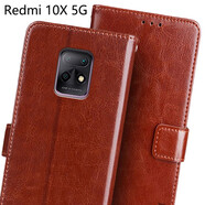 旺雙福 紅米10X4G手機(jī)殼翻蓋式Redmi10x5g皮套保護(hù)套防摔全包男女錢包款 紅米10X 5G 棕色