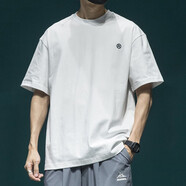 古先森280g重磅短袖T恤男刺繡純棉五分袖男士夏季大碼半袖圓領(lǐng)休閑體恤 白色 L 【125-145斤】