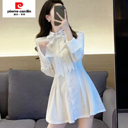 皮爾卡丹（pierre cardin）白色連衣裙新款秋韓版氣質(zhì)甜美可愛(ài)蝴蝶結收腰顯瘦a字襯衫裙 奶白色 S