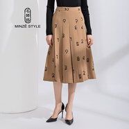 名師路半身裙中長(cháng)款冬裝新款壓褶中腰淑女風(fēng)百搭數字母印花a字裙 駝色76 L