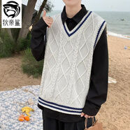 狄帝鯊慵懶風(fēng)V領(lǐng)毛衣男春秋款寬松學(xué)院風(fēng)針織背心日系復古百搭坎肩馬甲 港聯(lián)-B13白色 XL