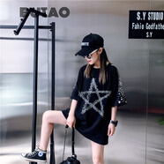 BUTAO短袖女中長(zhǎng)款寬松時(shí)尚夏新款百搭五角星暗黑系印花T恤女 黑色 均碼