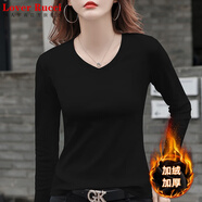 LOVER RUCCI黑色V領(lǐng)修身打底衫女2025新款雞心領(lǐng)長(cháng)袖T恤秋冬純棉洋氣內搭上衣 黑色V 領(lǐng)加絨 3XL 125-136斤的MM推薦拍這個(gè)碼