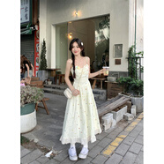 GUOCILRN甜美碎花刺繡吊帶連衣裙女夏季度假風(fēng)蕾絲花邊收腰顯瘦初戀長(cháng)裙子 吊帶裙(帶花花發(fā)夾) L