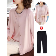 俞兆林（YUZHAOLIN）2025新款媽媽秋裝針織兩件套中老年女裝春秋季開(kāi)衫外套50歲上衣服 粉色＋三角錐褲 3XL （建議120-160斤）