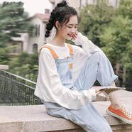 亞永凌減齡牛仔背帶褲學(xué)院風(fēng)女撞色拼接寬松直筒褲學(xué)生長(cháng)褲百搭淺色褲子 七分褲圖片 M 建議95-105斤
