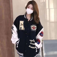 德洛賓青少女孩初中女生棒球服春秋裝加厚皮袖棒球服外套2022新款百搭高 藏青色A29 不掉色 XL 建議125-145斤