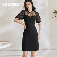 ROEYSHOUSE羅衣氣質拼接網紗連衣裙女夏裝新款優(yōu)雅燈籠袖修身裙子08302 黑色 M