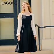 LAGOGO優(yōu)雅方領(lǐng)黑白拼接連衣裙女拉谷谷長(cháng)袖A字假兩件設計感裙子 黑白(WV) S 155/36