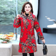 君芳雅  媽媽秋冬裝棉衣女加絨加厚棉服加中老年女裝中長(cháng)款棉襖外套 紅色花好月圓 2XL 建議115-130斤