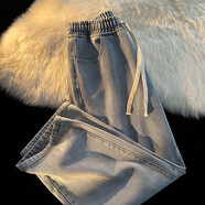 棲謠 松緊腰牛仔褲女潮ins直筒寬松夏薄款新款闊腿抽繩春秋 淺藍色 S建議75斤-90斤