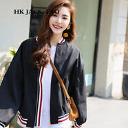 hk jack tao短外套香港潮牌休閑長袖寬松百搭洋氣薄款短款棒球服女裝夾克外套 黑色 XL （145-165斤）