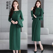 佰藍(lán)嬌 兩件套套裝裙2021春裝新款春季女裝時尚氣質(zhì)春秋修身顯瘦長裙女士長袖針織連衣裙長款包臀裙子 綠色 S