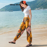Mirza Mirror沙灘褲女燈籠褲夏季冰絲薄款束口長(cháng)花褲闊腿大人棉綢防蚊褲子 棉綢料1803黃色 圖案位置不固定 S