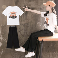 藍貝妮童裝女童套裝夏季兒童衣服洋氣服裝闊腿褲短袖中大童女裝女孩夏裝 白色小牛 150 碼建議身高140CM