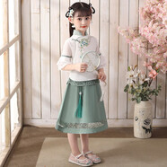 馬櫻紅雨 六一女童漢服兒童古裝新款中國風(fēng)演出服棉麻短袖小女孩公主裙套 綠色套裝 B款 120 /建議身高100~110厘米