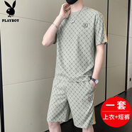 花花公子（PLAYBOY）短袖t恤套裝男2025夏季薄款寬松潮流休閑百搭男裝短袖短褲兩件套 Q-MKLHH3612灰色套裝 2XL