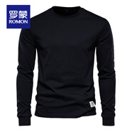 羅蒙（ROMON）純色男t恤小白T休閑長袖純棉打底衫早春百搭圓領(lǐng)白色重磅上衣 黑色 M 體重125-145斤