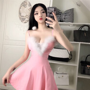 蒂淑蘭2023新款甜美名媛性感夜店修身顯瘦毛毛公主裙吊帶連衣裙女裝潮 粉紅色 L