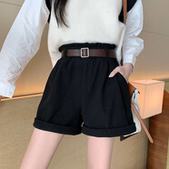 彼愛詩【配皮帶】燈芯絨闊腿短褲女裝春秋2023新款韓版高腰顯瘦學(xué)生靴褲 黑色+腰帶 L-建議（100-120斤）