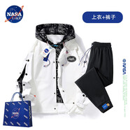 NASA LIKE官方外套男春秋季假兩件連帽夾克男士休閑棒球服寬松學(xué)生工裝上衣 白色+黑色褲子 XL （建議120-140斤）