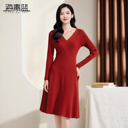 海青藍（CYANINE SEA）純色氣質(zhì)v領(lǐng)針織連衣裙女2024秋裝新款紅色長袖收腰顯瘦A字裙 紅色 M