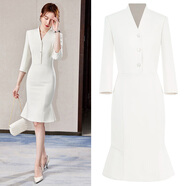 Sugargirl夏季西裝連衣裙女中長(cháng)裙時(shí)尚優(yōu)雅氣質(zhì)名媛職業(yè)正裝修身工作服裙子 米白色七分袖 M