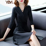 韻動(dòng)犸春秋新款紅色V領(lǐng)連衣裙女秋冬長(cháng)袖中款修身顯瘦禮服裙子品牌女裝 黑色【七分袖】 XS