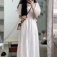 景怡依連衣裙女裝顯瘦大碼長裙胖女孩穿的衣服抽繩微胖妹妹夏裝微胖裙子 白色 XL