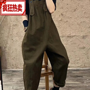 初徑春秋新款寬松休閑背帶褲女簡(jiǎn)約百搭純色顯瘦遮肉連體哈倫褲子 咖啡色 M 85-105斤