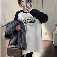 FOX.G德絨打底衫女長袖t恤中長款衣服女裝寬松上衣可外穿加絨內搭遮臂 小鯊魚長袖t恤黑拼白 M 【建議110斤以內】