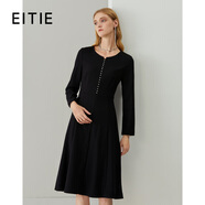 愛特愛（EITIE）冬季新款商場同款時(shí)尚V領(lǐng)洋氣釘珠收腰A字顯瘦呢子連衣裙6407114 黑色20 S 155