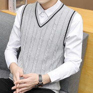 漢角  秋冬季男士V領(lǐng)毛衣秋裝馬甲加絨加厚潮流無(wú)袖保暖針織衫男冬天青年修身毛線(xiàn)衣休閑背心 凱906灰色【不加絨】 XL/175【120-135斤穿】