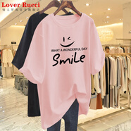 LOVER RUCCI法國(guó)夏季純棉歐貨2025新款短袖t恤女裝寬松質(zhì)感中長(zhǎng)款半袖上衣潮 粉色A210黑圖】 2XL 建議155-175斤